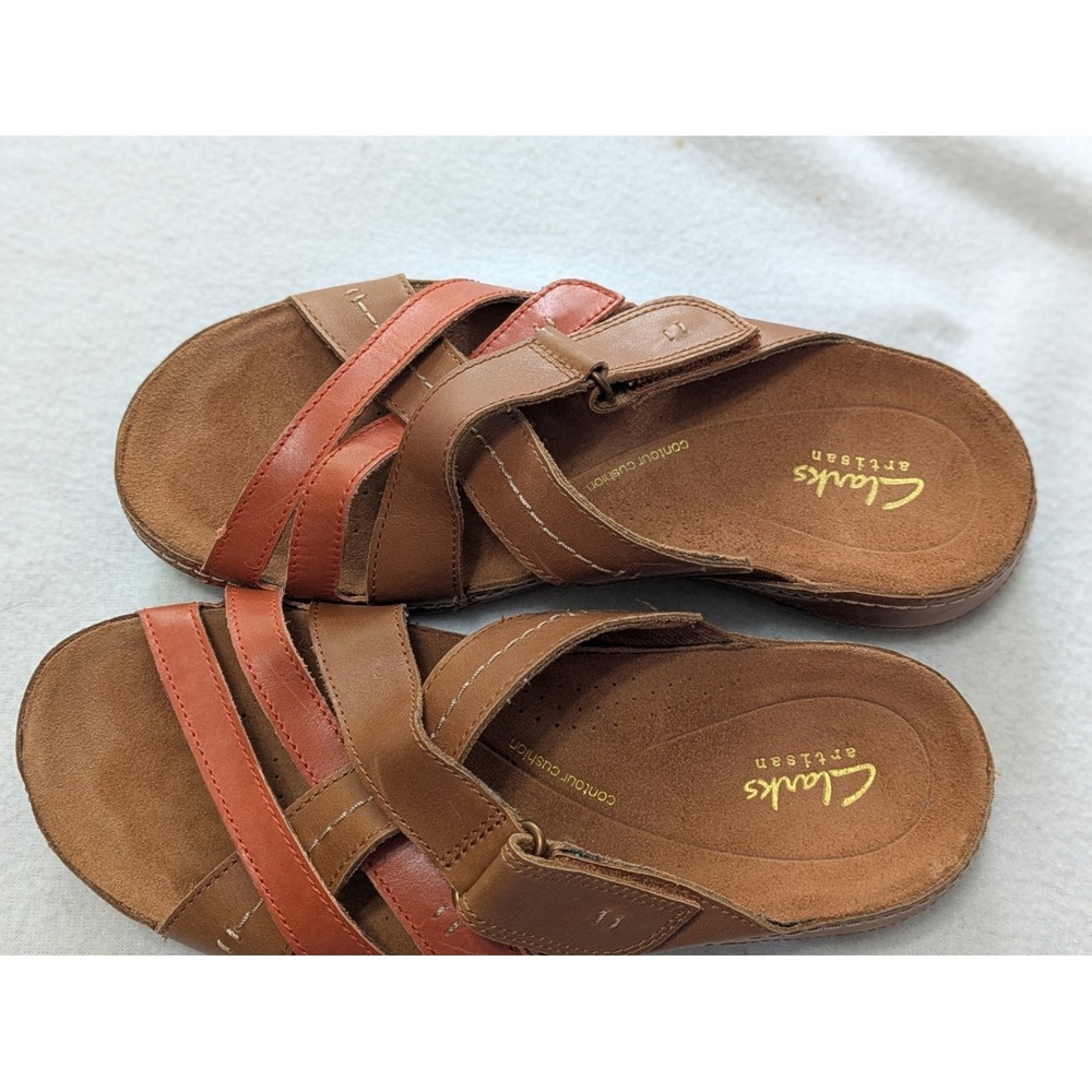 clarks Cecily Slide Tan Combination Sandals Comfort Sz 7 Slip On Leather - Picture 2 of 9